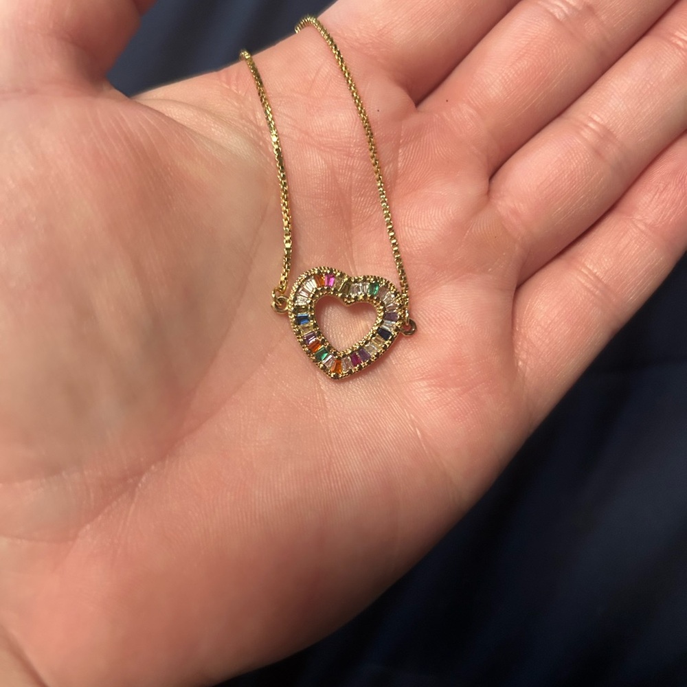 Gold Heart Pendant Necklace with Multicolor Stones